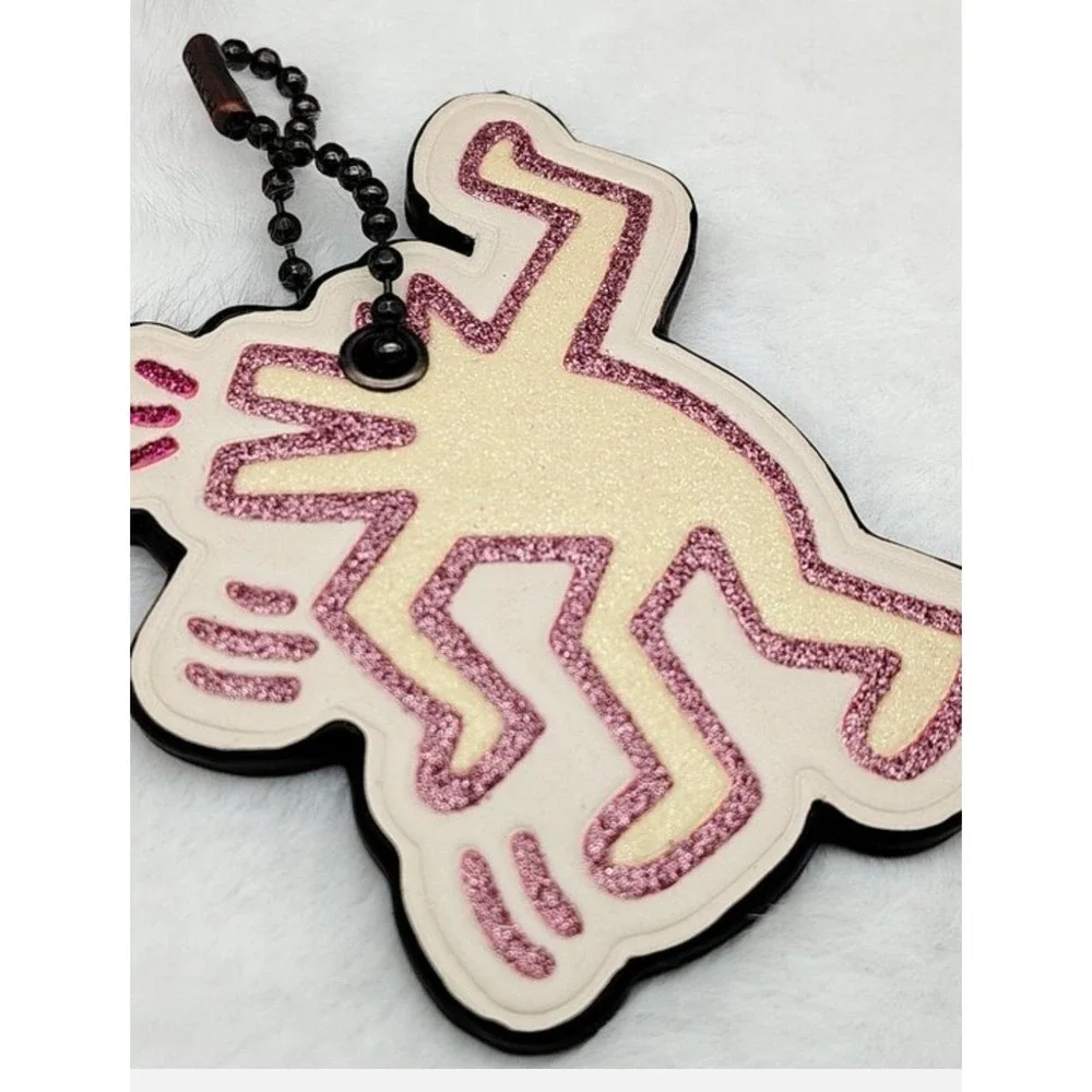 Coach x Keith Haring Dancing Man Glitter Leather Bag Charm Keychain Pink Brown